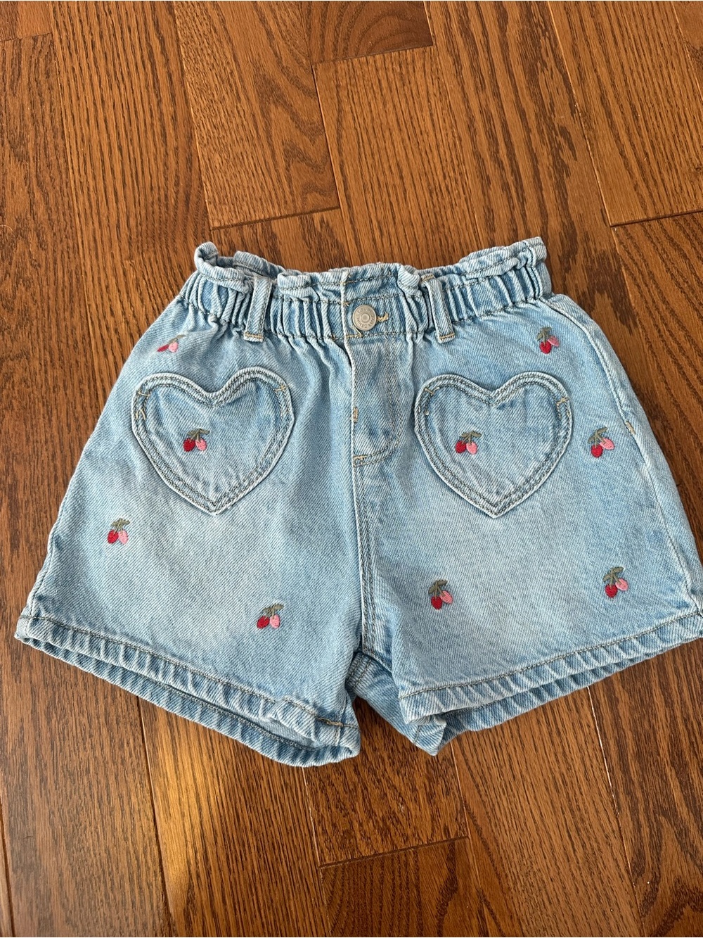 Zara 6t Light Blue Denim Shorts with Heart Pockets and Cherry Accents